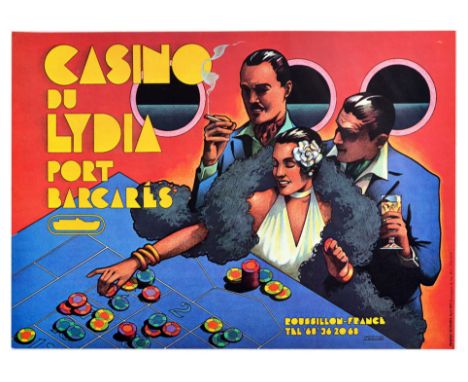 Original vintage travel advertising poster for Casino du Lydia Port Barcares Roussillon-France, featuring an illustration of 