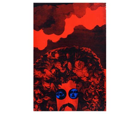 Original vintage advertising poster Hair featuring a psychedelic red floral pattern with faces and eyes forming the hair and 