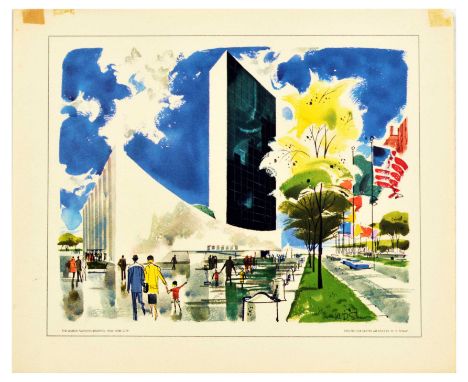 Original vintage travel advertising poster The United Nations Building New York City by United Air Lines, the poster features