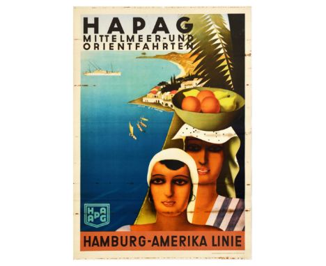 Original vintage travel advertising poster in German: HAPAG Mediterranean and Orient trips / HAPAG Mittelmeer-und Orientfahrt