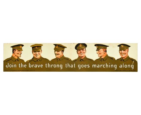 Original antique World War One recruitment poster - Join the brave throng that goes marching along - featuring a row of six s