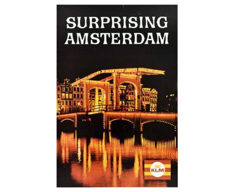 Original vintage travel advertising poster issued by KLM Royal Dutch Airlines – Surprising Amsterdam – featuring a great phot