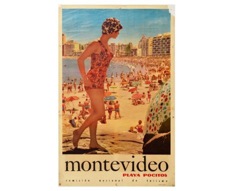 Original vintage travel advertising poster for Montevideo Playa Pocitos beach featuring an image of a holidaymaker in a colou