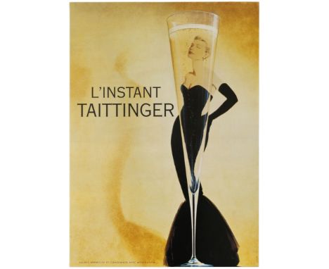 Original vintage drink advertising poster for Taittinger champagne. Classic image of an elegant lady wearing a fashionable bl