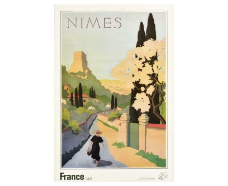 Original vintage travel advertising poster for Nimes, France (Gard), featuring a great illustration of a lady in a black dres