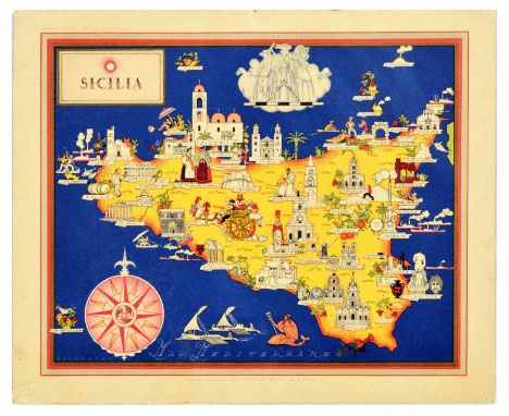 Original vintage travel advertising poster for Sicilia / Sicily featuring an illustrated map with a compass, castles, cathedr