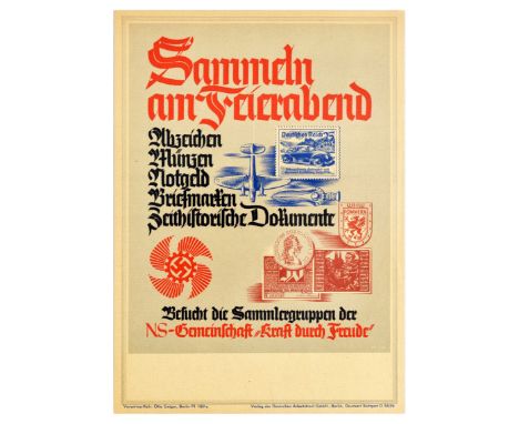 Original vintage propaganda poster for Sammeln am Feierabend featuring illustrations of stamps, plane, dagger, coin, historic