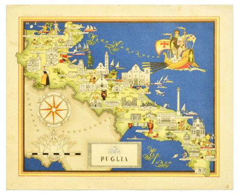 Original vintage travel advertising poster for Puglia featuring an illustrated map with a compass, castles, cathedrals, food 