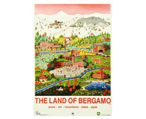 Original vintage travel poster The Land of Bergamo issued by ENIT - Snow, art, mountains, lakes, spas - Detailed illustration