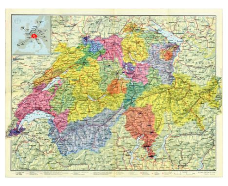 Original vintage travel map – Tourist map of Switzerland – featuring a map of the country marking ferries, railways, funicula