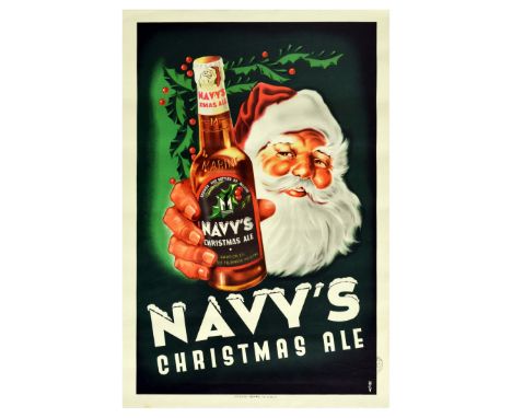 Original vintage advertising poster for Navy’s Christmas Ale brewed by Marine, a Belgium brewery. The fun design shows Santa 