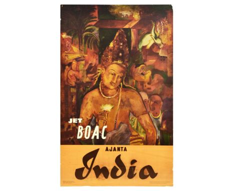 Original vintage travel poster Jet BOAC Ajanta India featuring a great image of a statue holding a flower with people, buildi