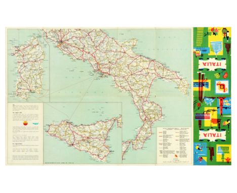 Original vintage travel map for Italy, featuring a map of the country marking autoroads, main highways, other roads, distance