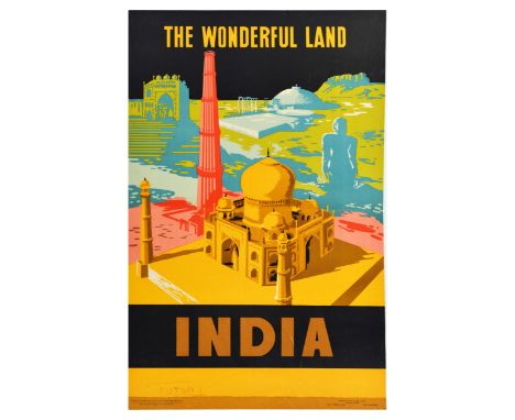 Original vintage travel poster for India The Wonderful Land featuring a colourful design of historical heritage sites and ico