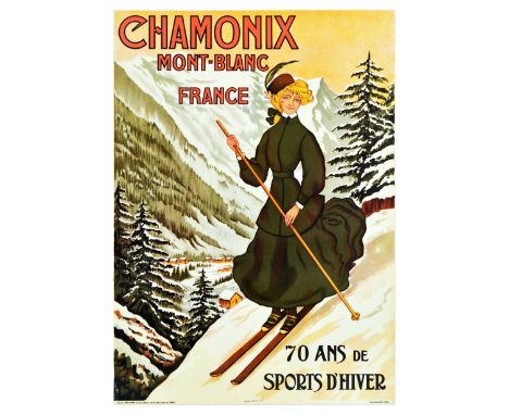 Original vintage ski poster advertising Chamonix Mont Blanc - 70 years of winter sports - 70 ans de sports d'hiver. Signed at