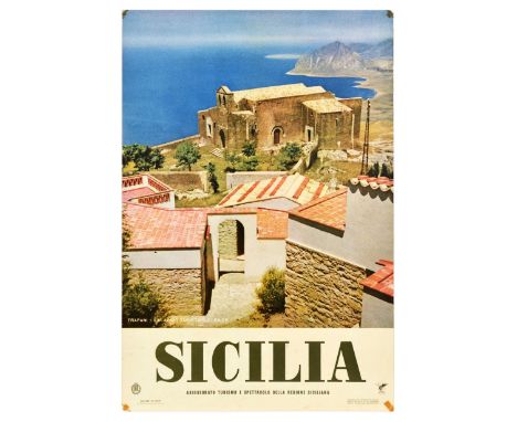 Original vintage travel advertising poster for Sicilia featuring a photograph of Trapani - Erice Tourist Village / Trapani - 