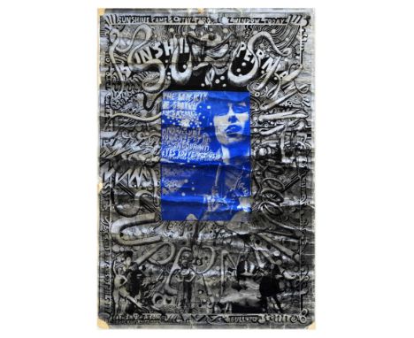 Original vintage advertising poster for Sunshine Superman by Donovan featuring silver and blue metallic foiled paper lithogra