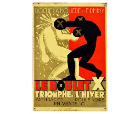 Original vintage advertising tin metal sign for antricite coal brickets – Roche la Moliere et Firminy Le Boulet X triomphe de