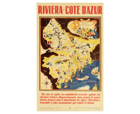 Original vintage travel advertising poster for Riviera Cote d’Azur, featuring a pictorial map marking Alpes, people skiing, p