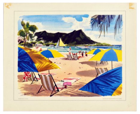 Original vintage travel advertising poster Waikiki Beach Hawaii by United Air Lines, the poster features colourful illustrati