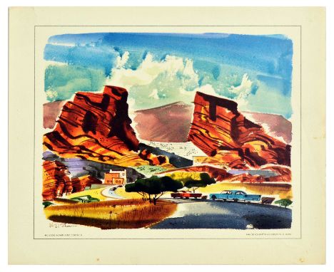 Original vintage travel advertising poster Red Rocks Amphitheater Colorado by United Air Lines, the poster features colourful