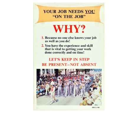 Original vintage work motivation poster – Your job needs you ‘on the job’. Why? 1. Because no one else knows your job as well