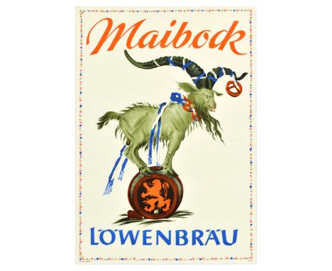 Original vintage German beer advertising poster for Maibock Lowenbrau - Design features a large horned goat wrapped in blue a