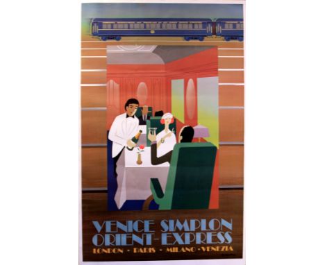 Original vintage travel advertising poster for the Venice Simplon Orient-Express. Art Deco style image of a couple enjoying a