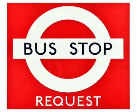 Original vintage London Transport travel poster Bus Stop Request, featuring a minimalist design of TFL logo, black and white 