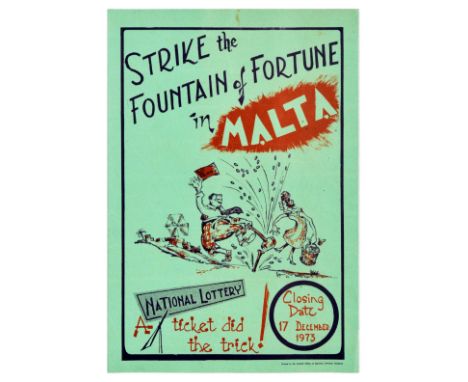 Original vintage advertising poster for National Lottery – Strike the fountain of fortune in Malta. A ticket did the trick! C