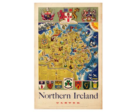 Original vintage travel poster Northern Ireland Ulster featuring a great pictorial map with the arms of the government of Nor