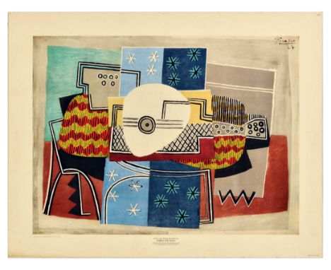 Original vintage art print poster titled Still Life With Mandolin - Artwork by Pablo Picasso (1881-1973) features an abstract