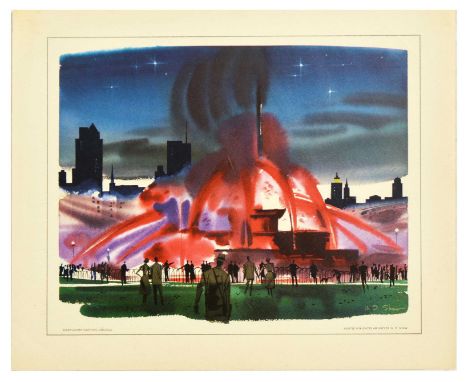 Original vintage travel advertising poster Buckingham Fountain Chicago by United Air Lines, the poster features colourful ill