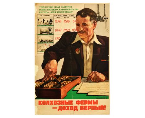 Original vintage Soviet propaganda poster – Collective farms – a sure income! – featuring an illustration of a kolkhoz farm l