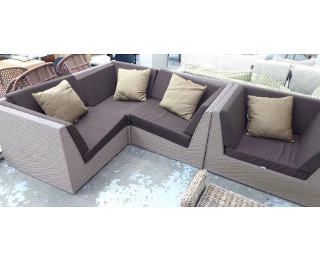 ROYAL BOTANIA GARDEN CORNER SOFA AND ARMCHAIR, all weather, brown seat cushions and four scatter cushions, 205cm L.