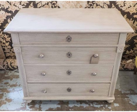 COMMODE, 19th century French Napoleon III traditionally grey painted and silvered metal mounted with four long drawers, 100cm