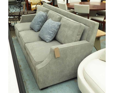 SOFA, three seater, in silvered fabric on block supports, 230cm L.