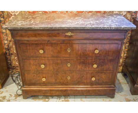 COMMODE, 19th century French Louis Philippe flame mahogany with four long drawers and St Anne's variegated grey marble top, 1