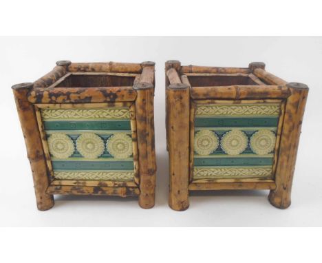 MINTON'S TILE PLANTERS, a pair, late Victorian with bamboo frame work, each 21cm x 21cm x 22.5cm H. (2) (with faults)