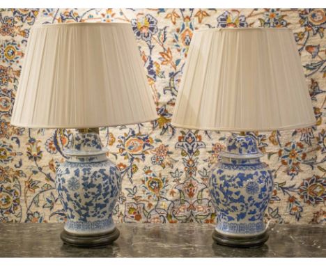 LAMPS, a pair, blue and white Chinoiserie decorated, ceramic ginger jar form with shades, 70cm H. (2)