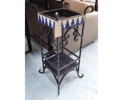 MOROCCAN WROUGHT IRON AND CERAMIC JARDINIERE STAND, 33cm x 33cm x 91cm H.