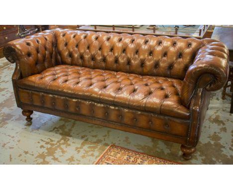 CHESTERFIELD SOFA, vintage hand finished leaf brown leather upholstered with curved deep buttoned back and arms, 196cm W.