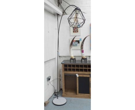 CONTEMPORARY READING LAMP, black geometric shade and stem raised on a cement base, 206cm H.