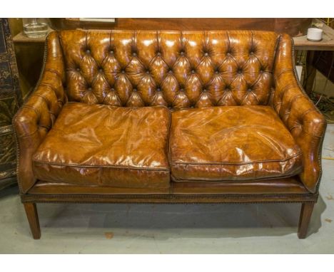 SOFA, Georgian style hand finished leaf brown button leather upholstered with arms and square section supports, 135cm W.