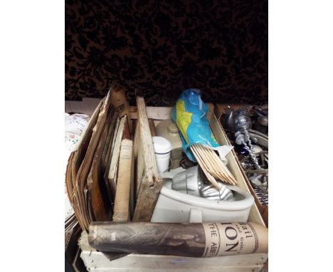 Miscellaneous items to include stoneware foot warmers, ceramic bed slipper, vintage washboard, chocolate and pudding moulds, 