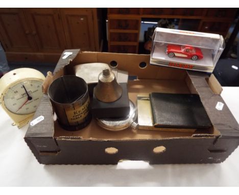 A box of miscellaneous to include bell, clock, hip flask etc