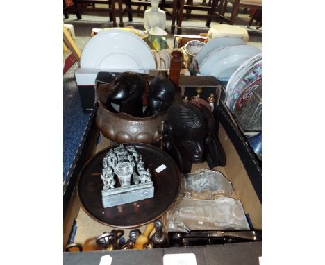 A selection of items to include four African carved hardwood busts, an Arts & Crafts jardiniere, frosted glass vintage cars, 