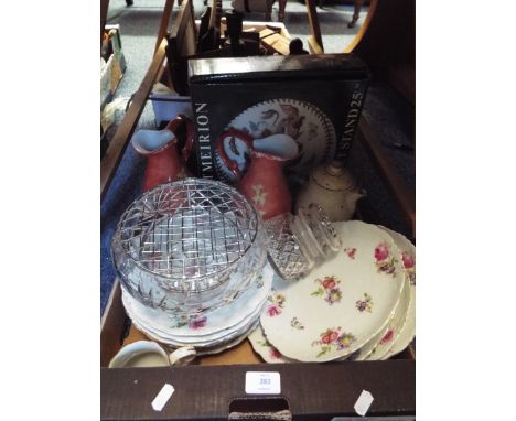 A boxed Portmeirion 25cm diameter buffet stand, twelve floral pattern dessert plates, a pair of Sue Pullin floral jugs etc