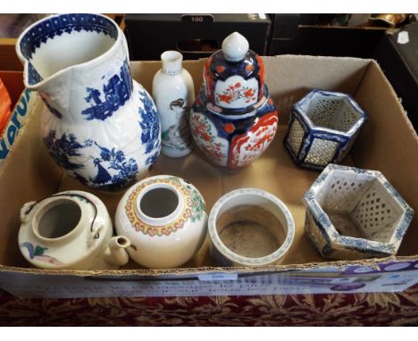 A mixed selection of Oriental ceramics to include ginger jars, teapot, jug etc     All pieces cracked chipped and restored, g