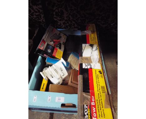 Miscellaneous items to include a boxed Blackspur tow bar, boxed car battery charger, electric sanders, tools etc 